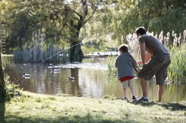 Father and son fishing in a pond Father and son fishing in a pond